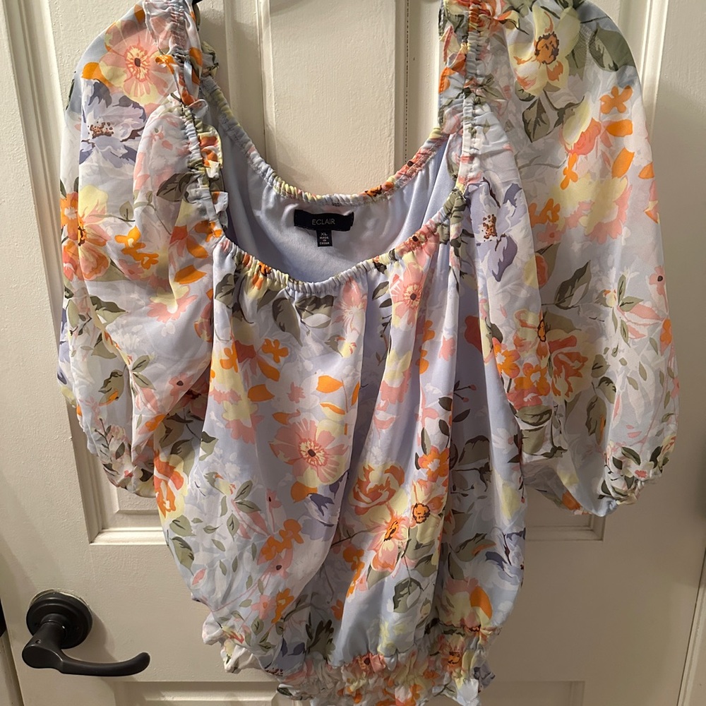 Floral Light Blue Puff 3/4 Sleeve Top